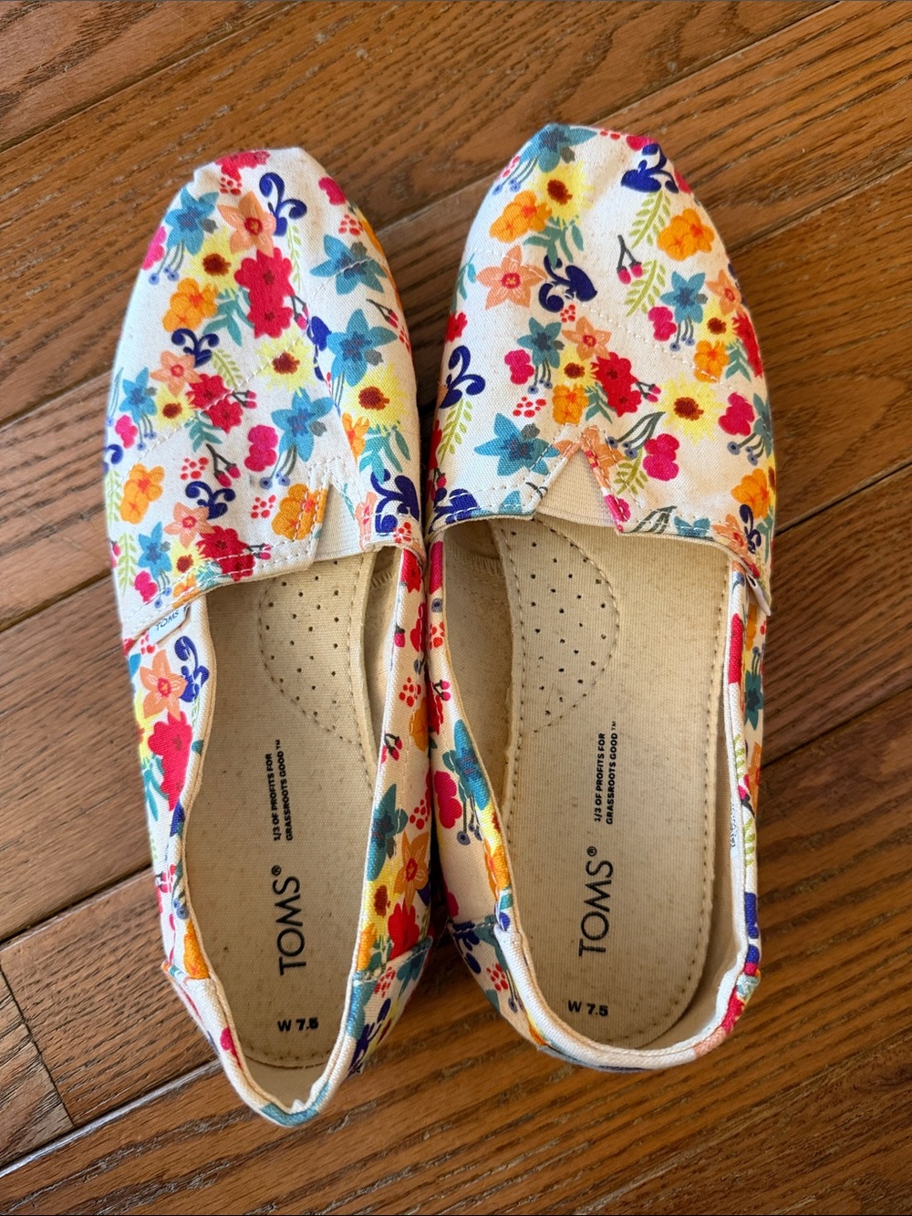 TOMS White Floral Canvas Slip-On Shoes with Multicolor Blooms